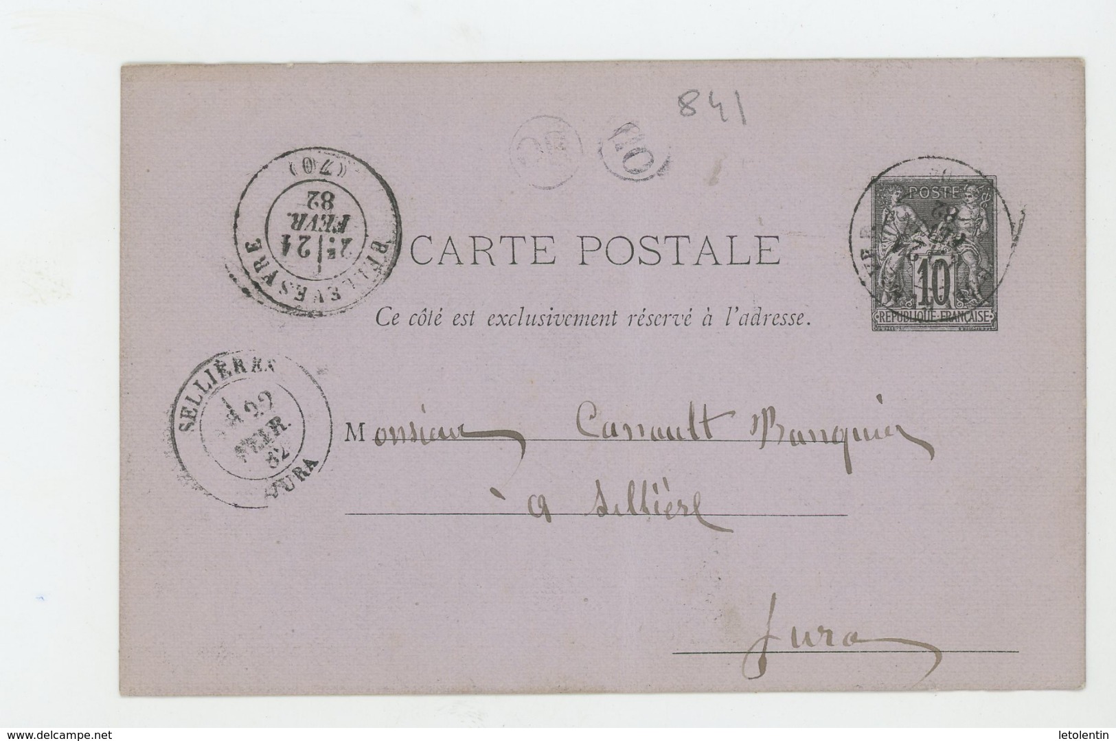 ENTIER 10c TYPE SAGE N°Yt 89-CP2  Obli. DE PASSENANS ? & ARRIVÉE SELLIÈRES + GRIFFE "OR" - Cartes Postales Types Et TSC (avant 1995)