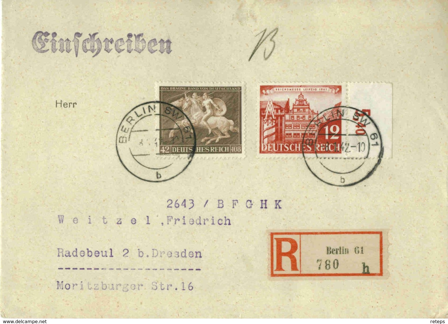 DR Mi-Nr 766+780  /Leipziger F-Messe + Braunes Band 1941,  Echt Gelaufener Porto-gerechter R-Brief - Briefe U. Dokumente