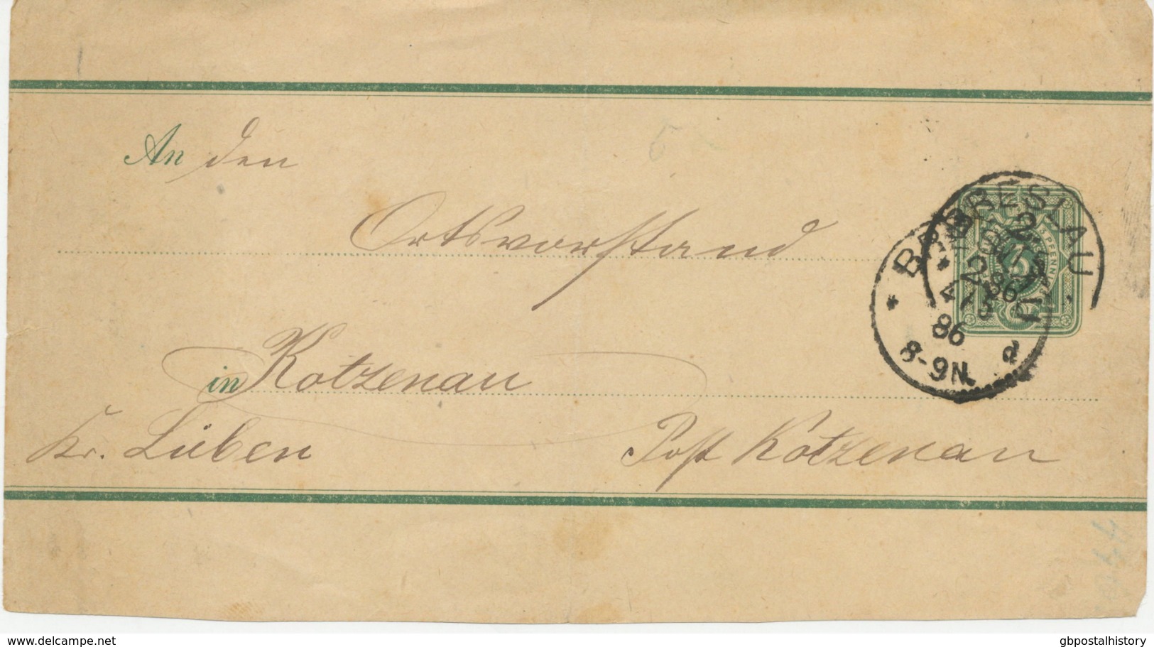 DEUTSCHES REICH „BRESLAU“ (jetzt WROCLAW, Polen) K1 Auf Pra.-GA-Streifband-Vorderseite 3 Pfennig Nach KATZENAU, 1886 - Covers & Documents