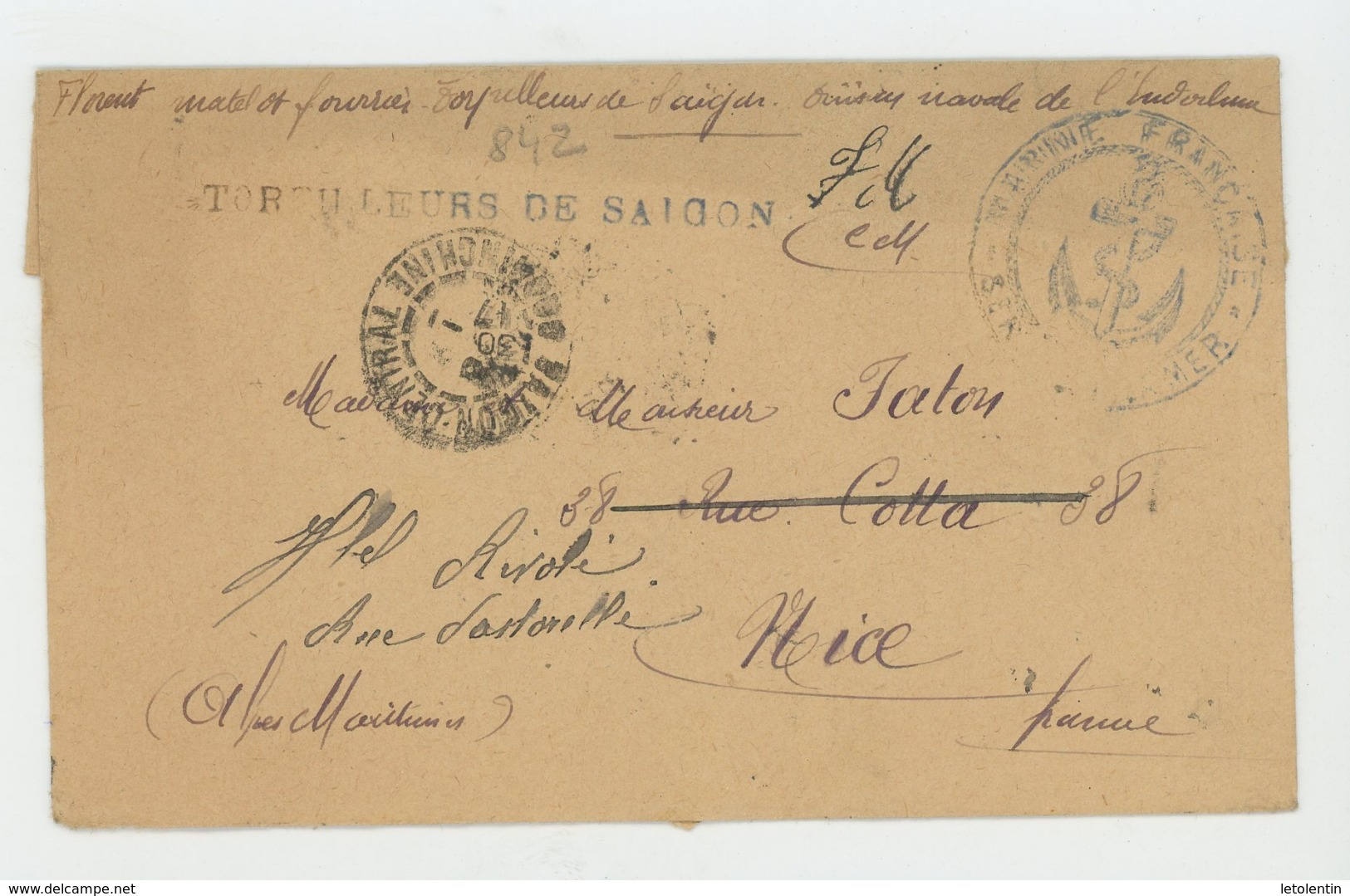 LETTRE OBLI. DE "SAIGON CENTRAL COCHINCHE 30/1/17" + GRIFFE "TORPILLEURS DE SAIGON" + GRIFFE "MARINE FRANÇAISE SERVICE À - Guerra De 1914-18