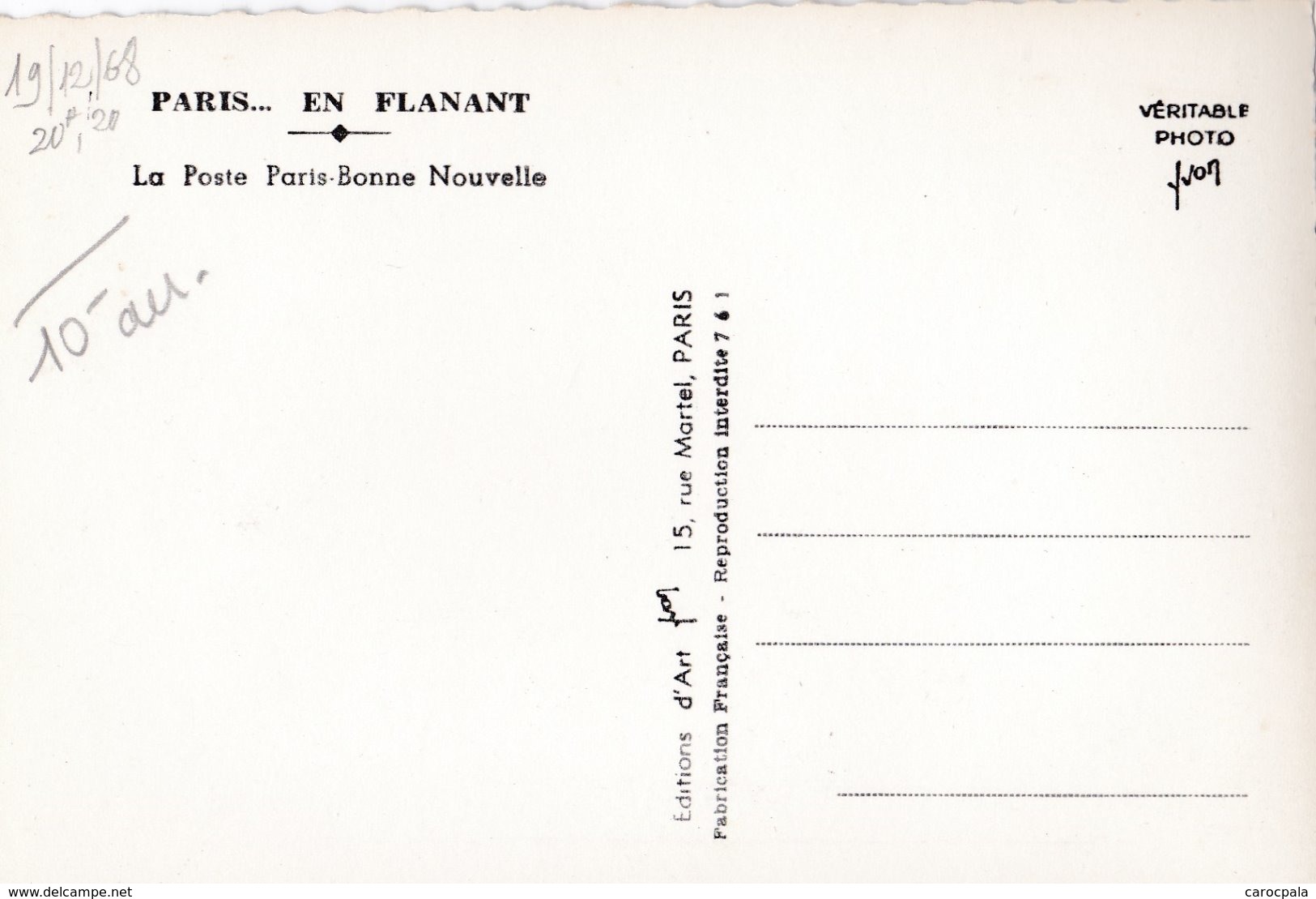 Carte 1960 PARIS 10 / LA POSTE PARIS BONNE NOUVELLE ET Café "du Petit Duc..." - Arrondissement: 10
