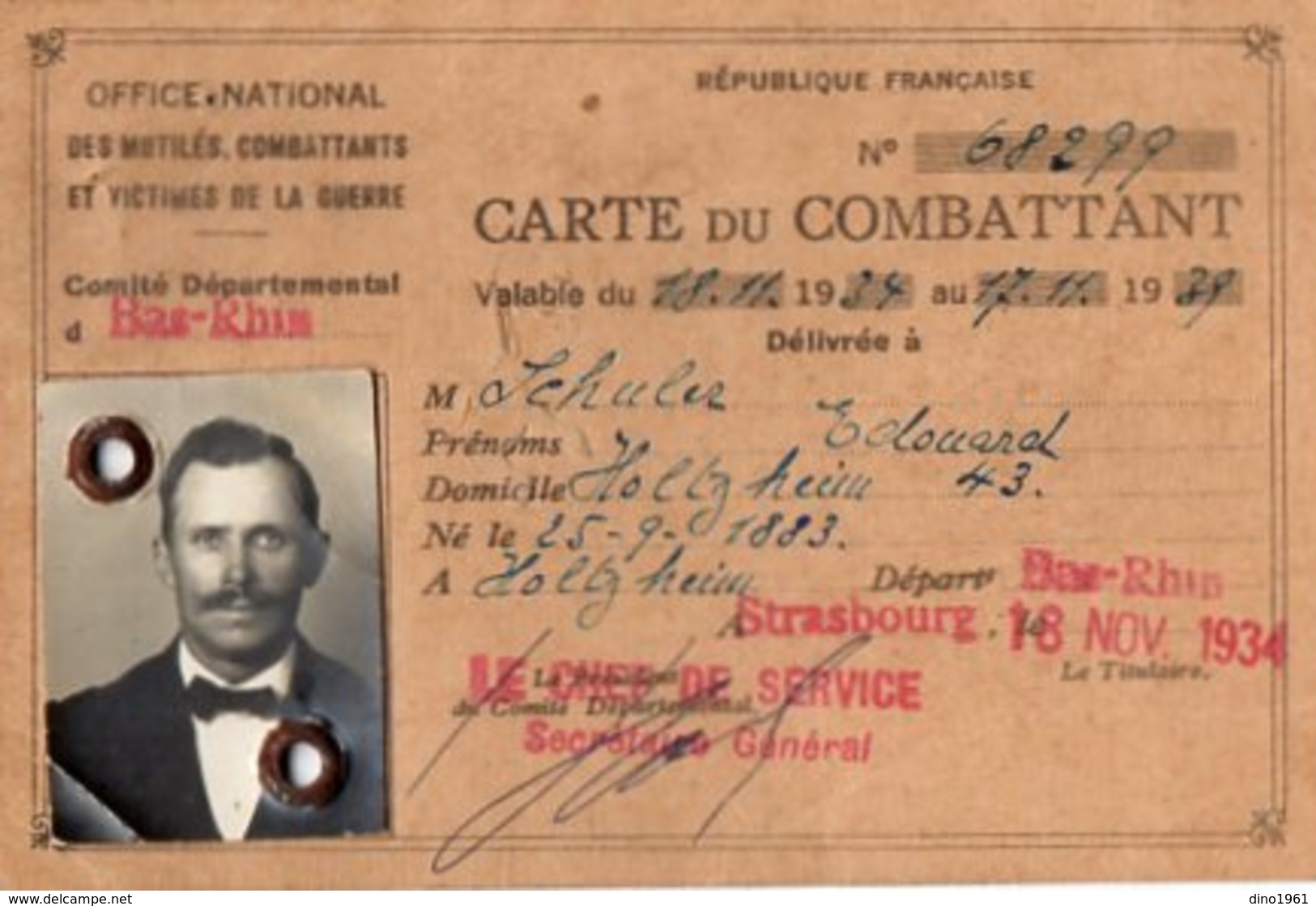 VP15.696 - MILITARIA - Carte Du Combattant - Section De STRASBOURG - Mr SCHULER à HOLTZHEIM - Documents