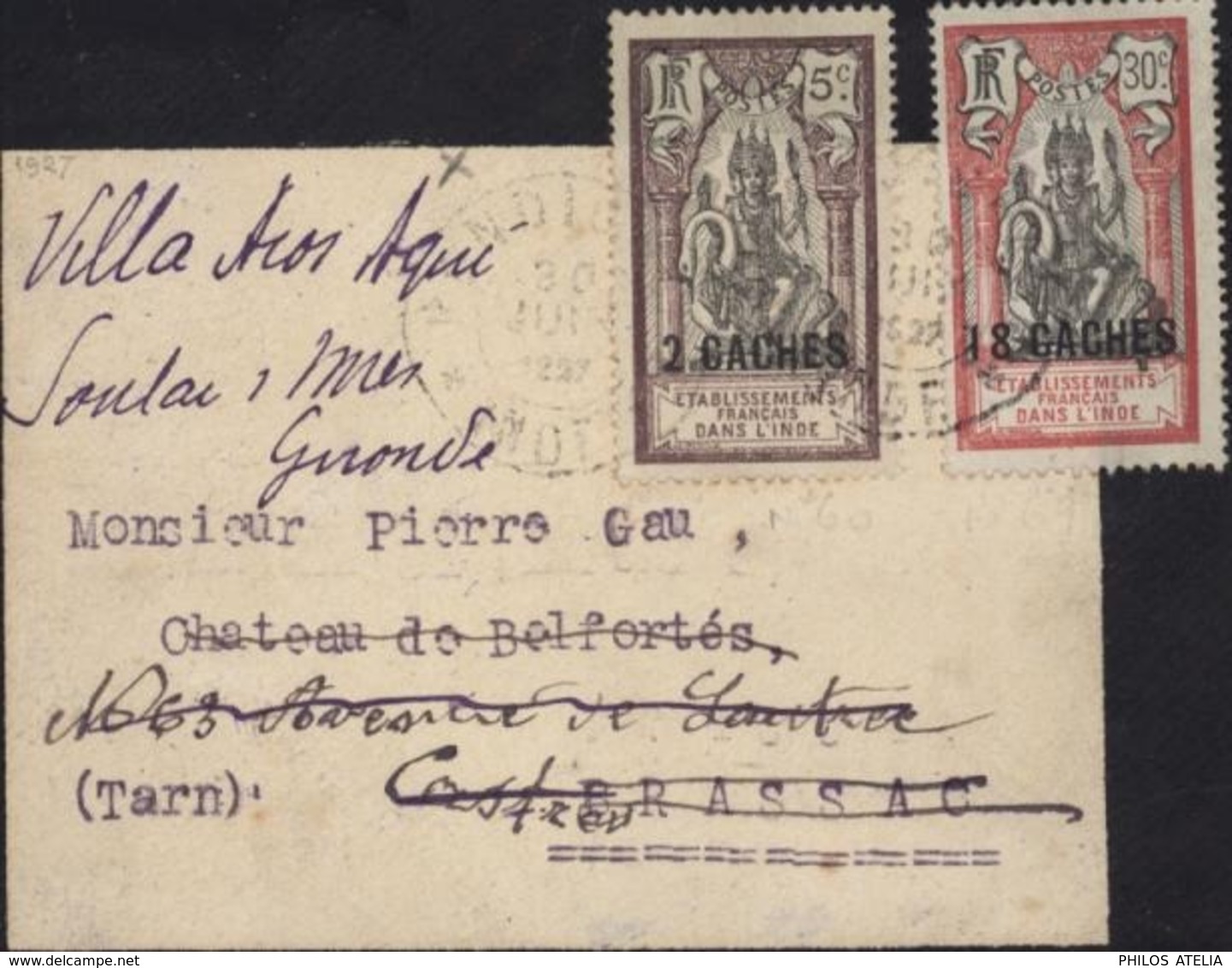 Enveloppe Deuil YT 60 67 Etablissements Français Dans L'Inde  2 Et 18 Caches CAD Indi 30 Juin 1927 - Lettres & Documents