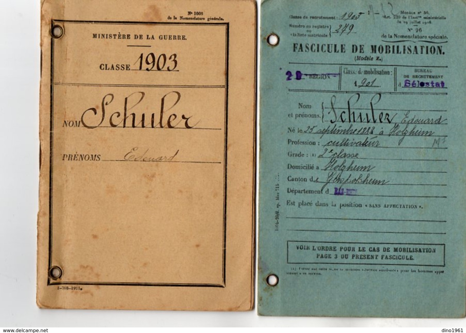 VP15.697 - MILITARIA - SELESTAT 1927 - Livret Militaire De Mr Edouard SCHULER ( Alsacien ) à HOLTZHEIM - Documents