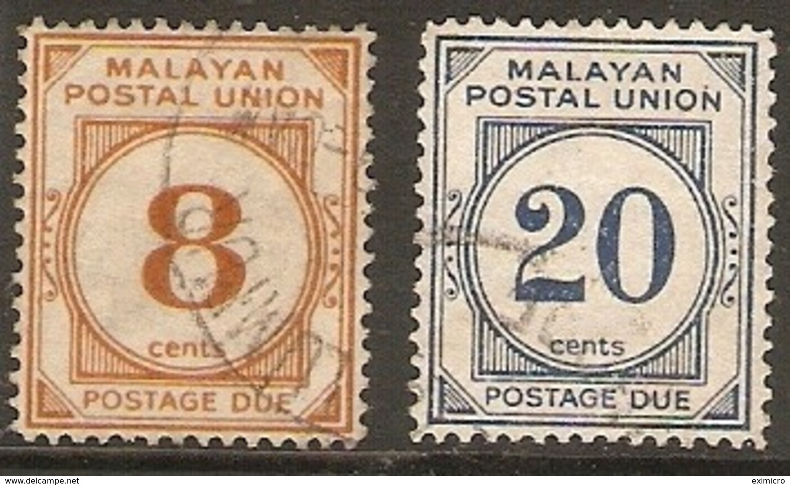 MALAYA - MALAYAN POSTAL UNION 1951 8c, 20c POSTAGE DUES SG D19, D21 FINE USED Cat £17.50 - Malayan Postal Union