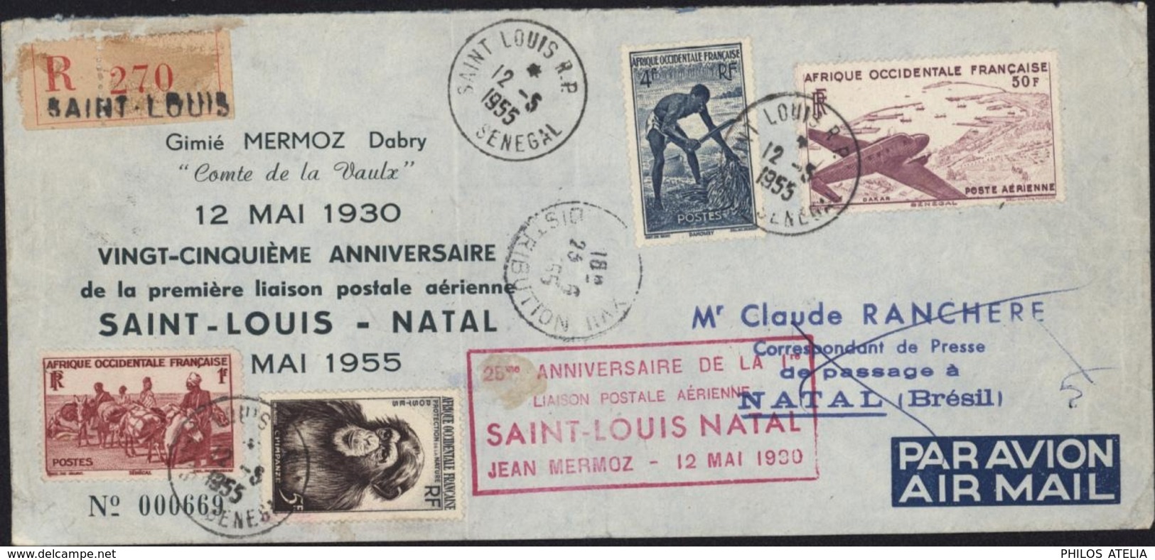 25e Anniversaire 1ère Liaison Postale Aérienne St Louis Natal Jean Mermoz 12 Mai 1930 Avion CAD St Louis Sénégal 12 5 55 - Posta Aerea