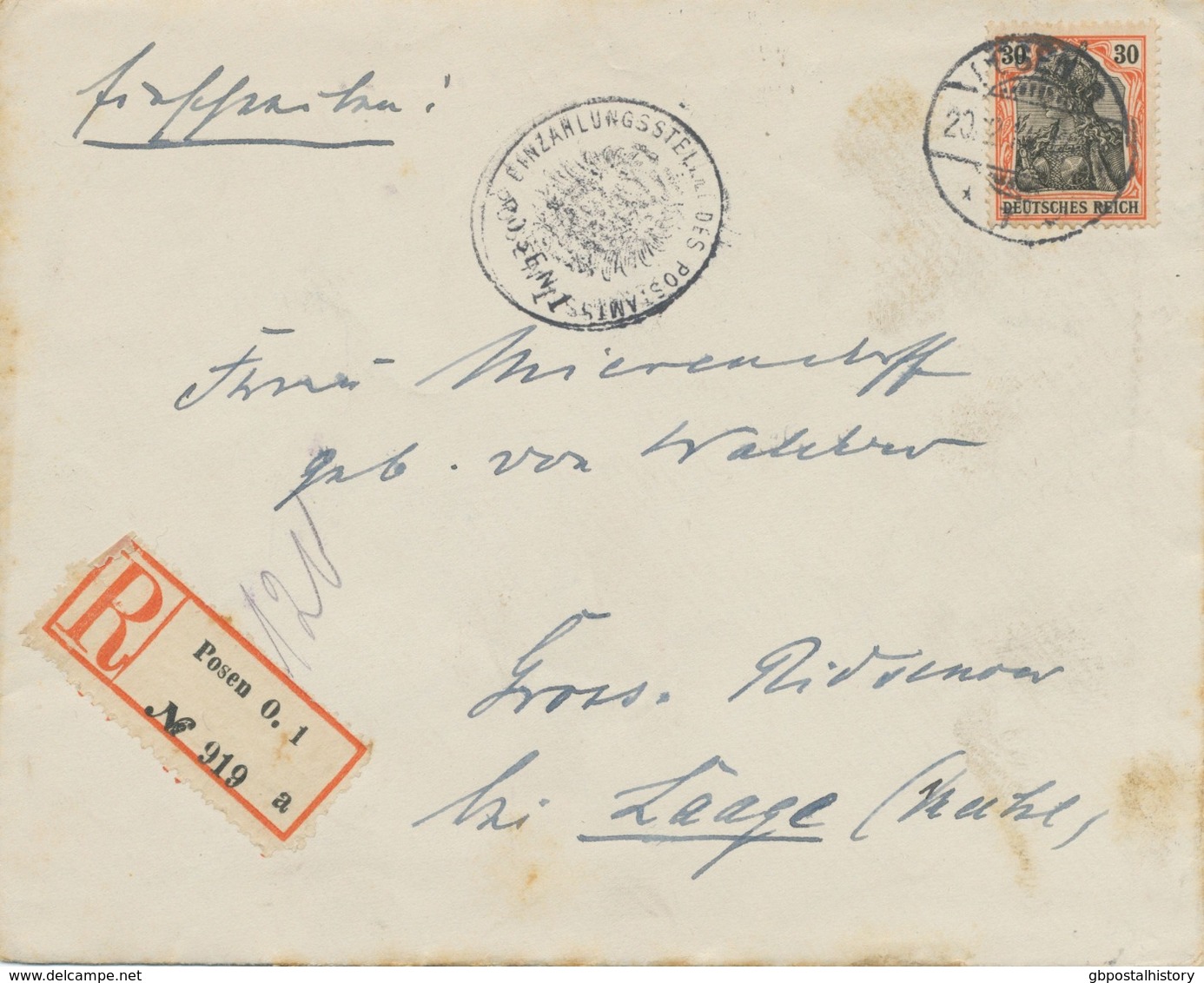 DEUTSCHES REICH 1914 Germania 30 (Pf) Als Selt. EF A. R-Brief (mit Original-Inhalt) Aus „POSEN O. / 1“ - Covers & Documents