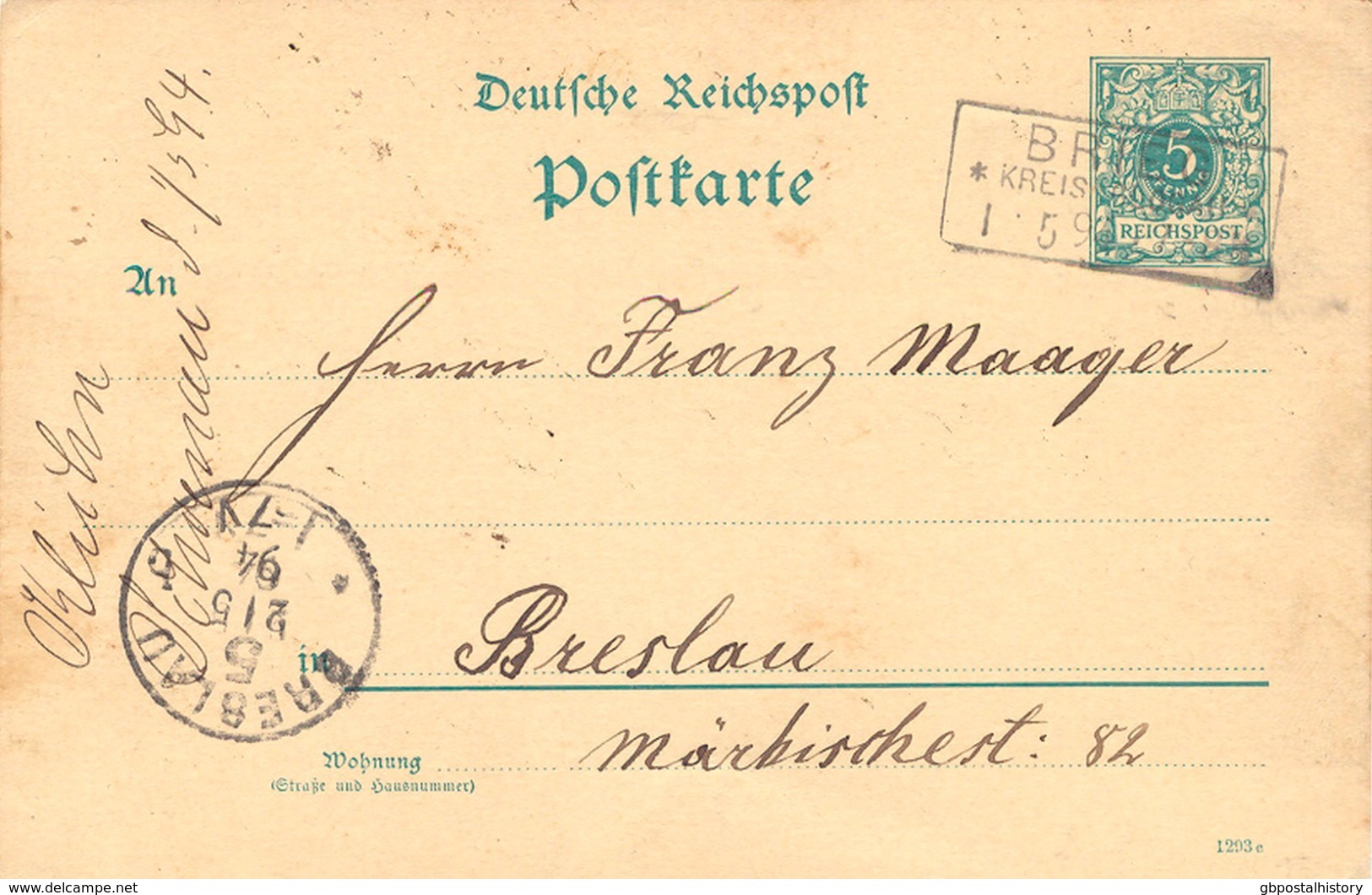 DEUTSCHES REICH "BRIEG * KREIS GLOGAU * 1.5.94" Selt. RA3 A. 5 Pfg. Krone-GA Nach "BRESLAU 5" K1. Brzeg, (deutsch Brieg) - Lettres & Documents