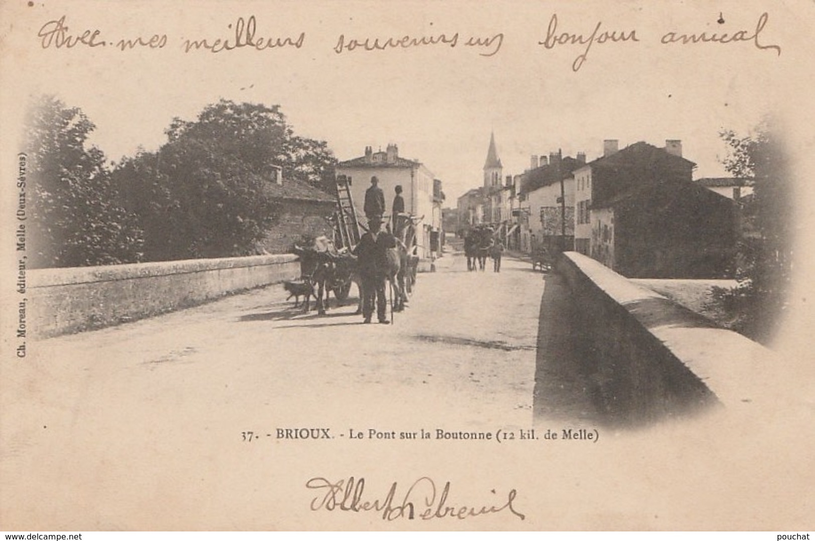 A15-79) BRIOUX - LE PONT SUR LA BOUTONNE (12 KIL DE MELLE) - (ANIMEE  -TOMBEREAU TIRE PAR DES BOEUFS - 1903 - 2 SCANS) - Brioux Sur Boutonne