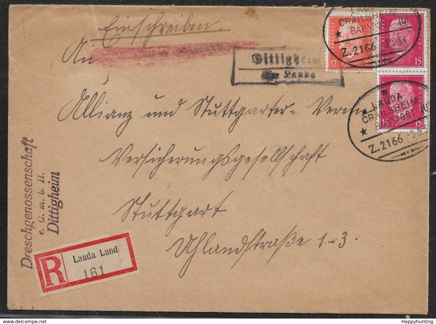 1934 - R-Brief Bahnpost MiF Mi. 414, 466, Ra Stpl DITTIGHEIM / LAUDA - LAUDA CRAILSHEIM BAHNPOST N. STUTTGART - Briefe U. Dokumente