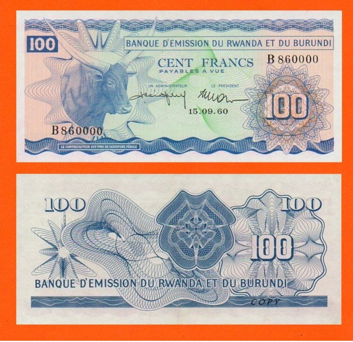 RWANDA BURUNDI 100 FRANCS 1960 - Rwanda