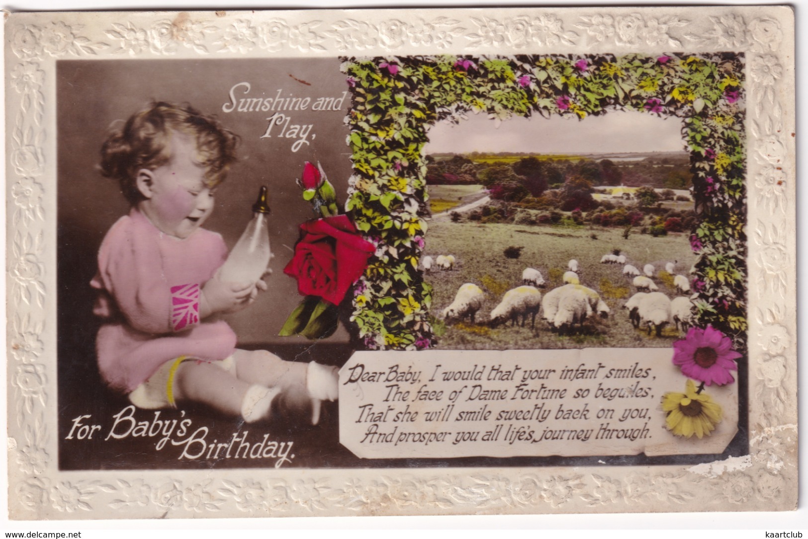 BABY: 'Sunshine And Play, For Baby's Birthday'   - Sheep - (Embossed Postcard) - Andere & Zonder Classificatie