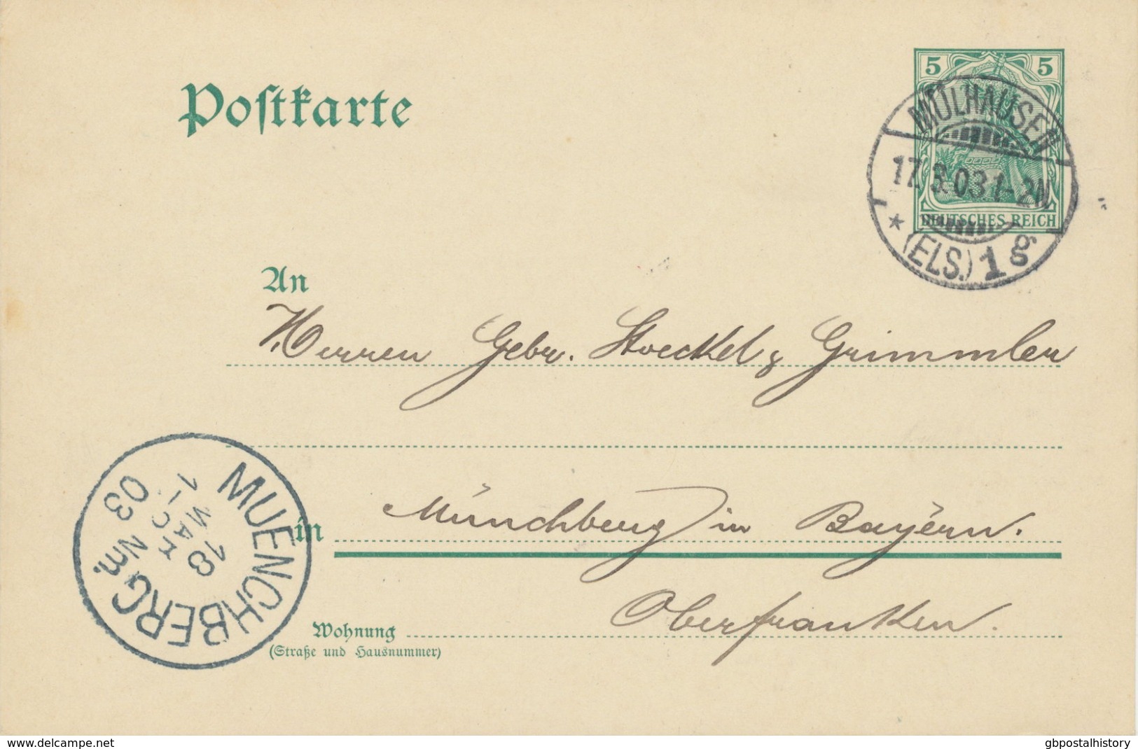 DEUTSCHES REICH „MÜLHAUSEN / (ELS.) 1“ K2 (MULHOUSE, Jetzt Frankreich) 5 Pf Germania Deutsches Reich Kab.-GA-Postkarte - Sonstige & Ohne Zuordnung