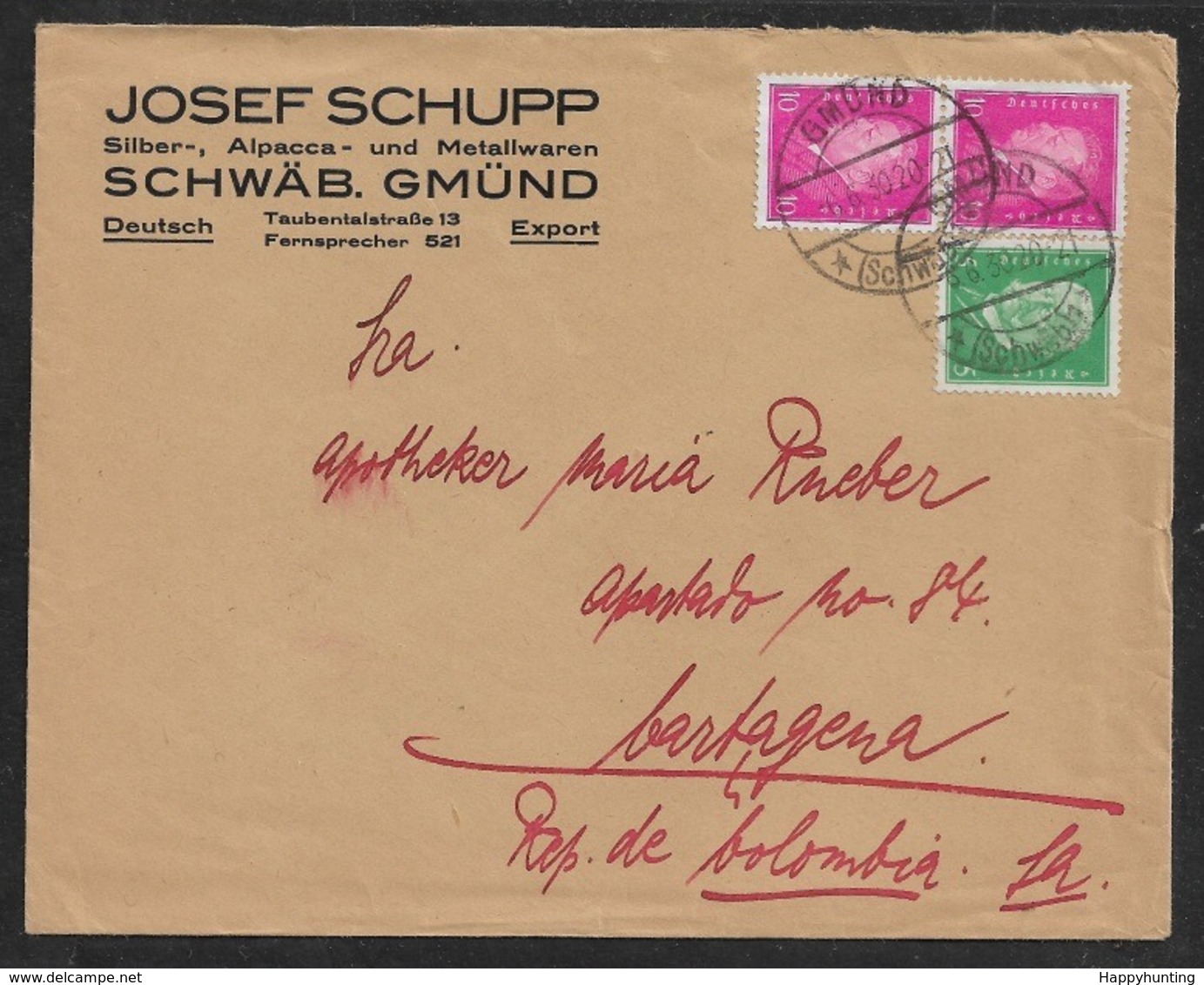 1930 MiF Mi. 435(2), 411 Auslandsbrief Schwäbisch Gmünd N. CARTAGENA, KOLUMBIEN.Rs Ankunftstpl - Briefe U. Dokumente