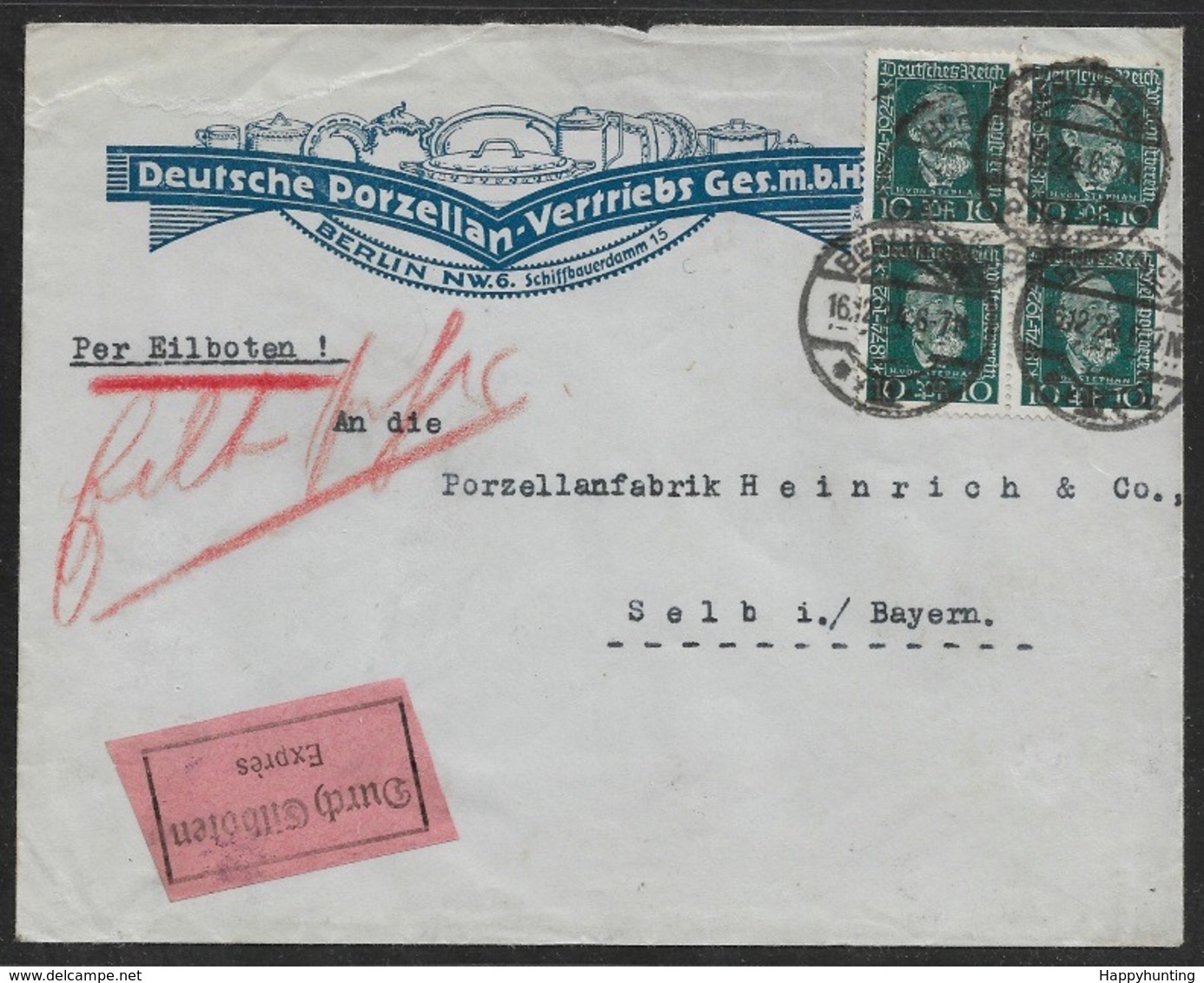 1924 EILBRIEF MeF Mi. 368 Viererblock BERLIN N. SELB I BAYERN - EXPRES DURCH EILBOTEN - Briefe U. Dokumente