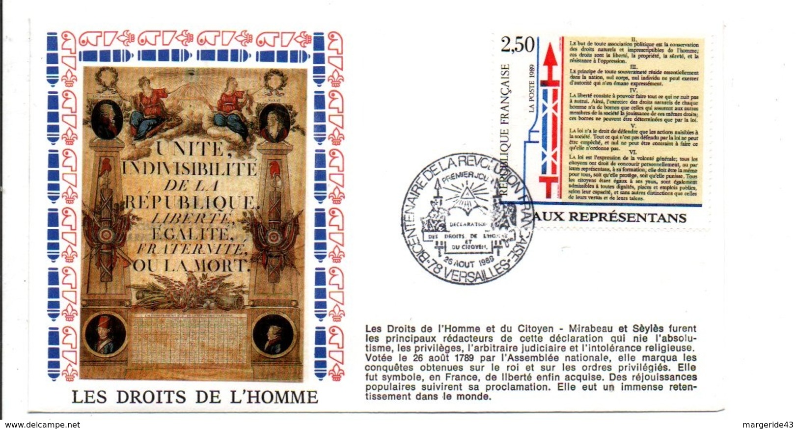 REVOLUTION FRANCAISE FDC 1989 DROITS DE L'HOMME ET DU CITOYEN - ARTICLES II à VI - Franse Revolutie