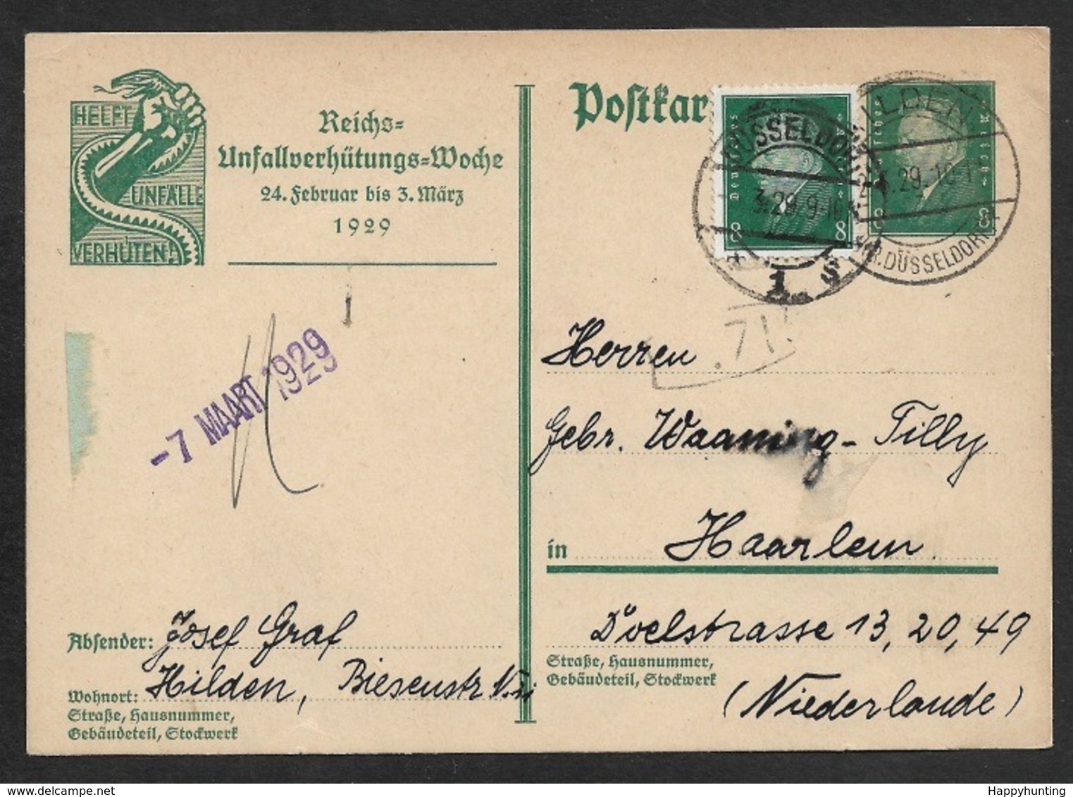 1929 AUSLANDSKARTE P187 Ab HILDEN N. HAARLEM,NL - Gebührenbeanstandung (Reste V.Zettel) + Mi.412 - Briefe U. Dokumente