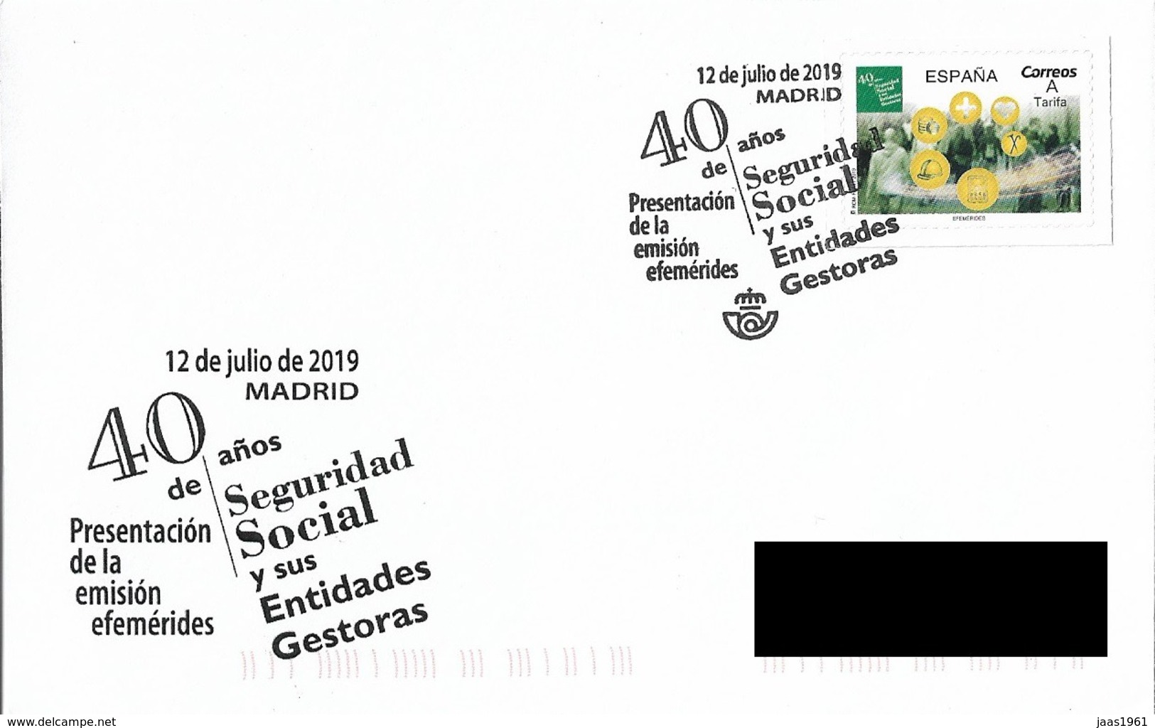 SPAIN. POSTMARK 40th ANNIV. SOCIAL SECURITY AND ITS MANAGEMENT ENTITIES. 2019 - Otros & Sin Clasificación