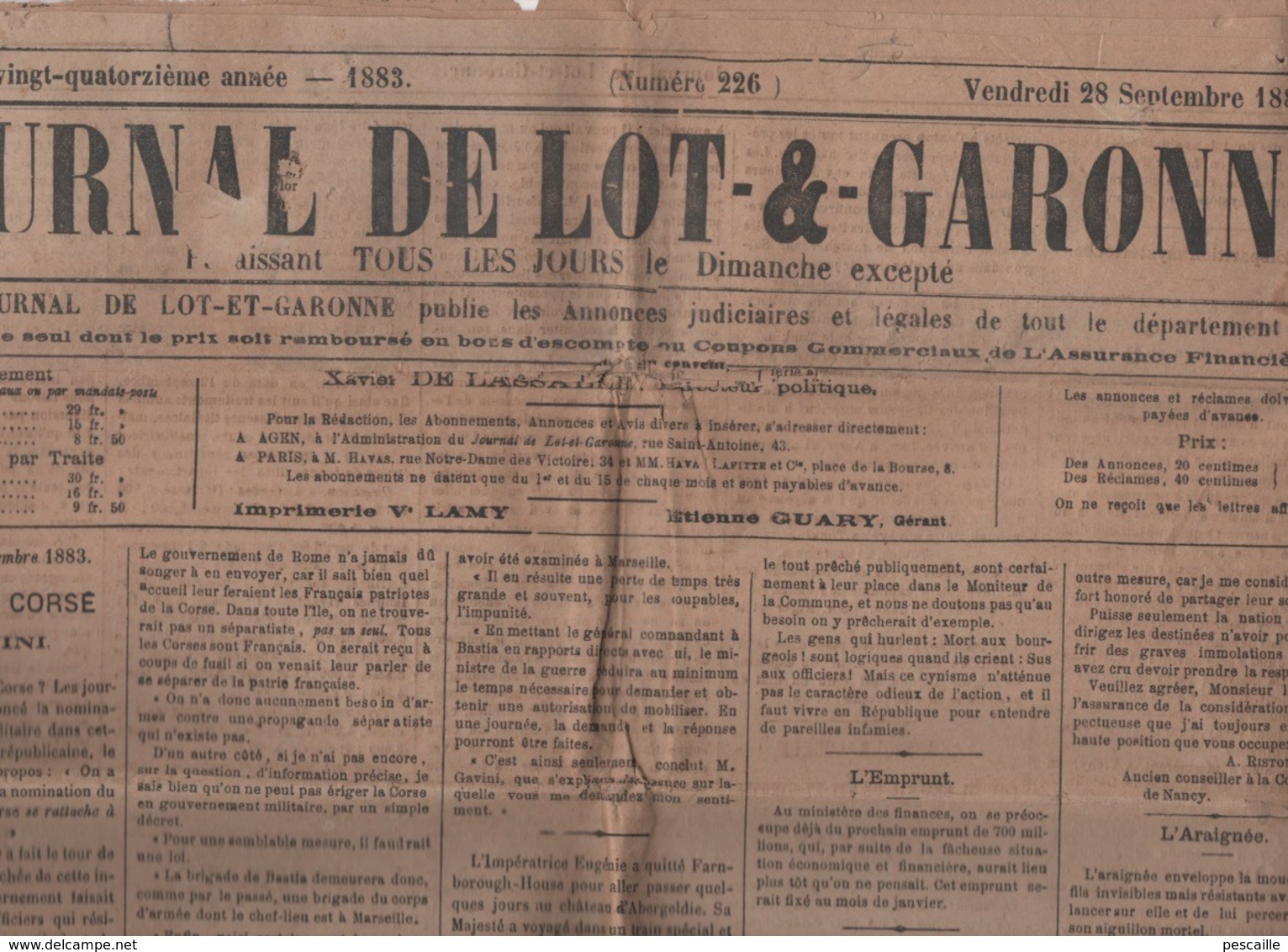 JOURNAL DE LOT ET GARONNE 28 09 1883 - CORSE SEPARATISTES - ZEMMANGE - SARZEAU - TONKIN - VILLENEUVE DE DURAS - PRUNES - 1850 - 1899