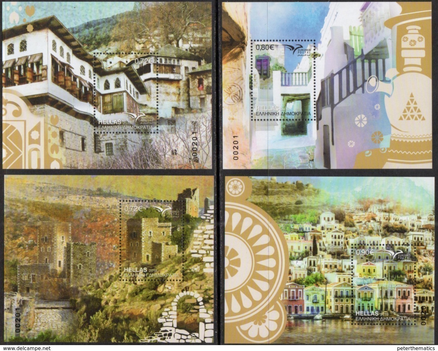 GREECE, 2018, MNH, EUROMED, HOMES, HOUSES,  BOATS, 4  NUMBERED S/SHEETS - Other & Unclassified