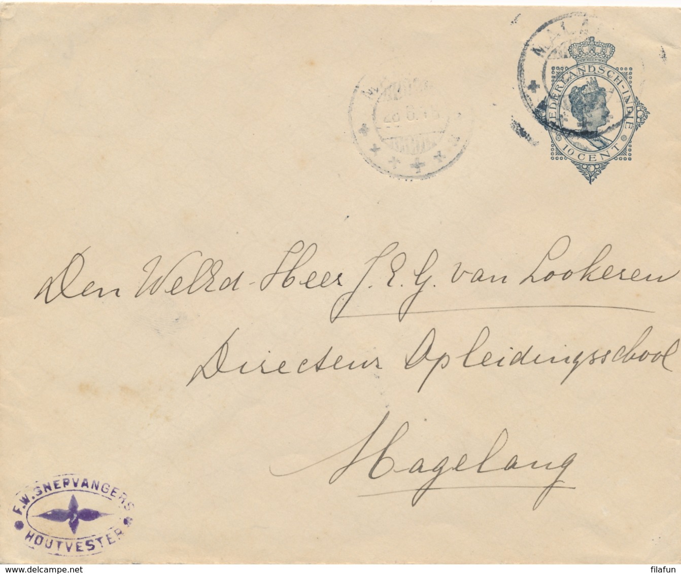 Nederlands Indië - 1916 - 10 Cent Wilhelmina, Envelop KB Malang Via Treinstempel KB SOERABAJA-BANDOENG B Naar Magelang - Indes Néerlandaises