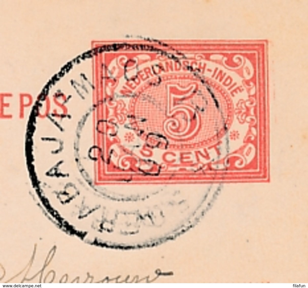 Nederlands Indië - 1909 - 5 Cent Cijfer, Briefkaart Van Treinstempel GR SOERABAJA-MAOS B Naar Den Haag / Nederland - Nederlands-Indië