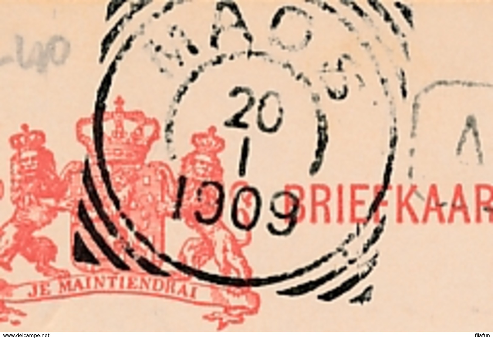 Nederlands Indië - 1909 - 5 Cent Cijfer, Briefkaart Van Treinstempel GR SOERABAJA-MAOS B Naar Den Haag / Nederland - Nederlands-Indië