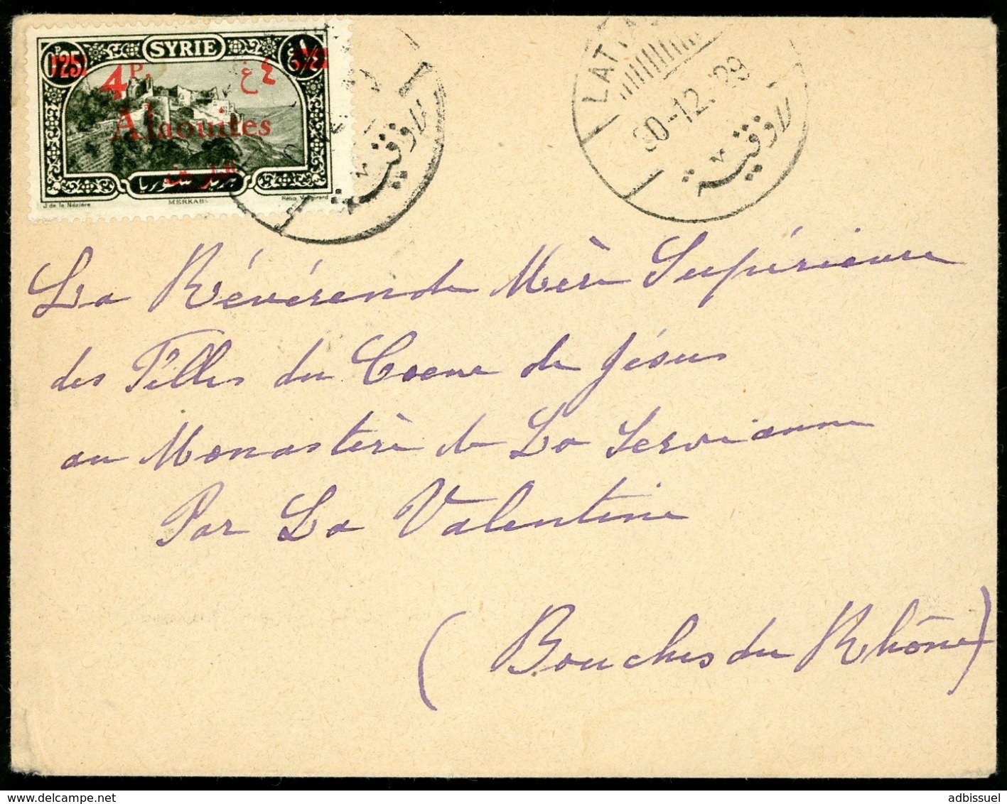 1929 ALAOUITES N°43 Surcharge Rouge + C-à-d "LATAQUIE 30/12/29" Sur Env. Adressée Au Monastère De La Serviane, - Briefe U. Dokumente