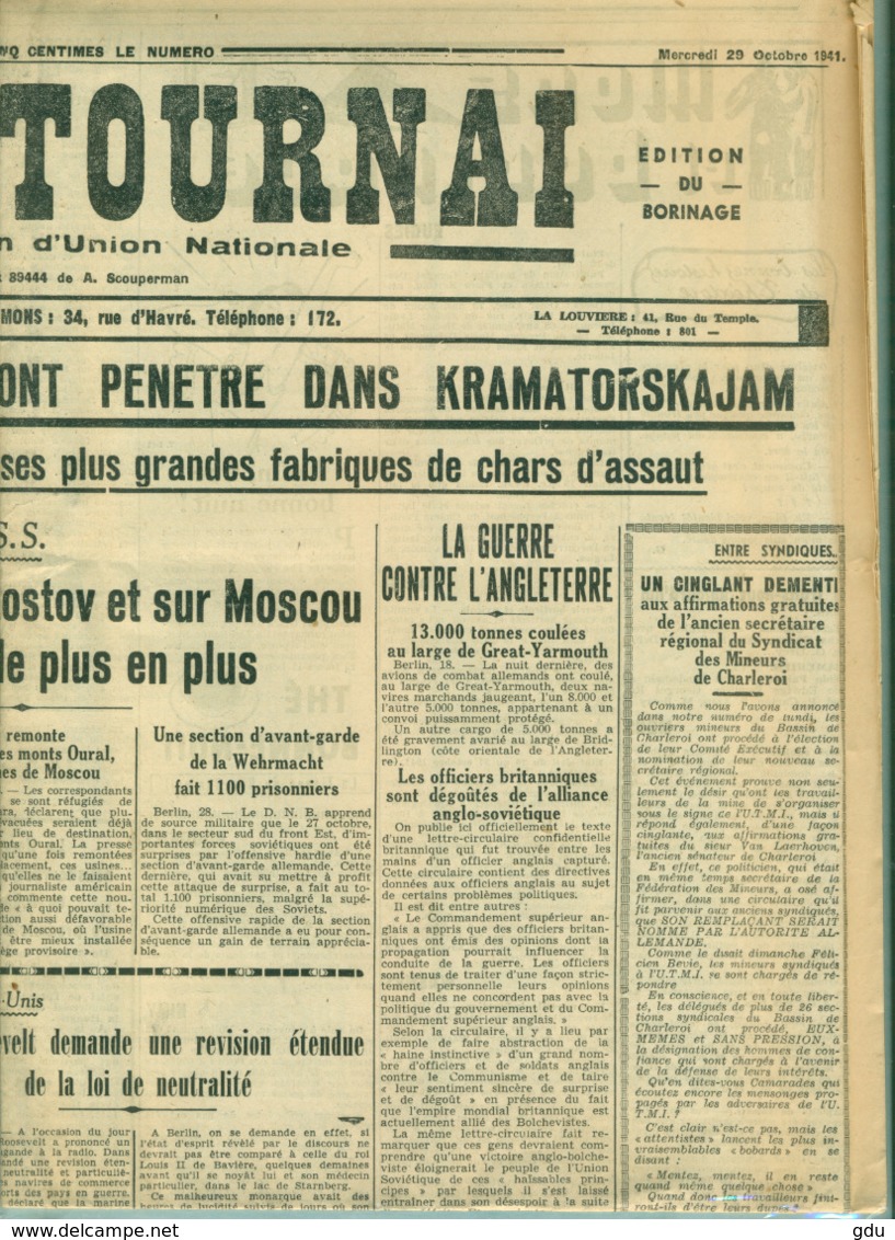 Journal Belgique ' Mons - Tournai  ' Authentique 29.10.1941 - Otros & Sin Clasificación