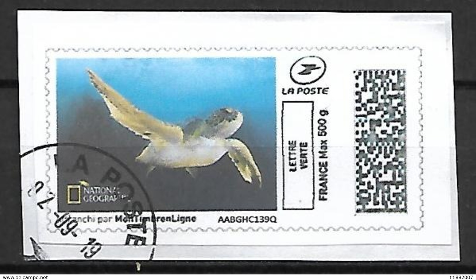 FRANCE.   -   2019 .  Vignette Illustrée, Oblitéré Cachet Rond.   Tortue Marine - 2010-... Vignettes Illustrées