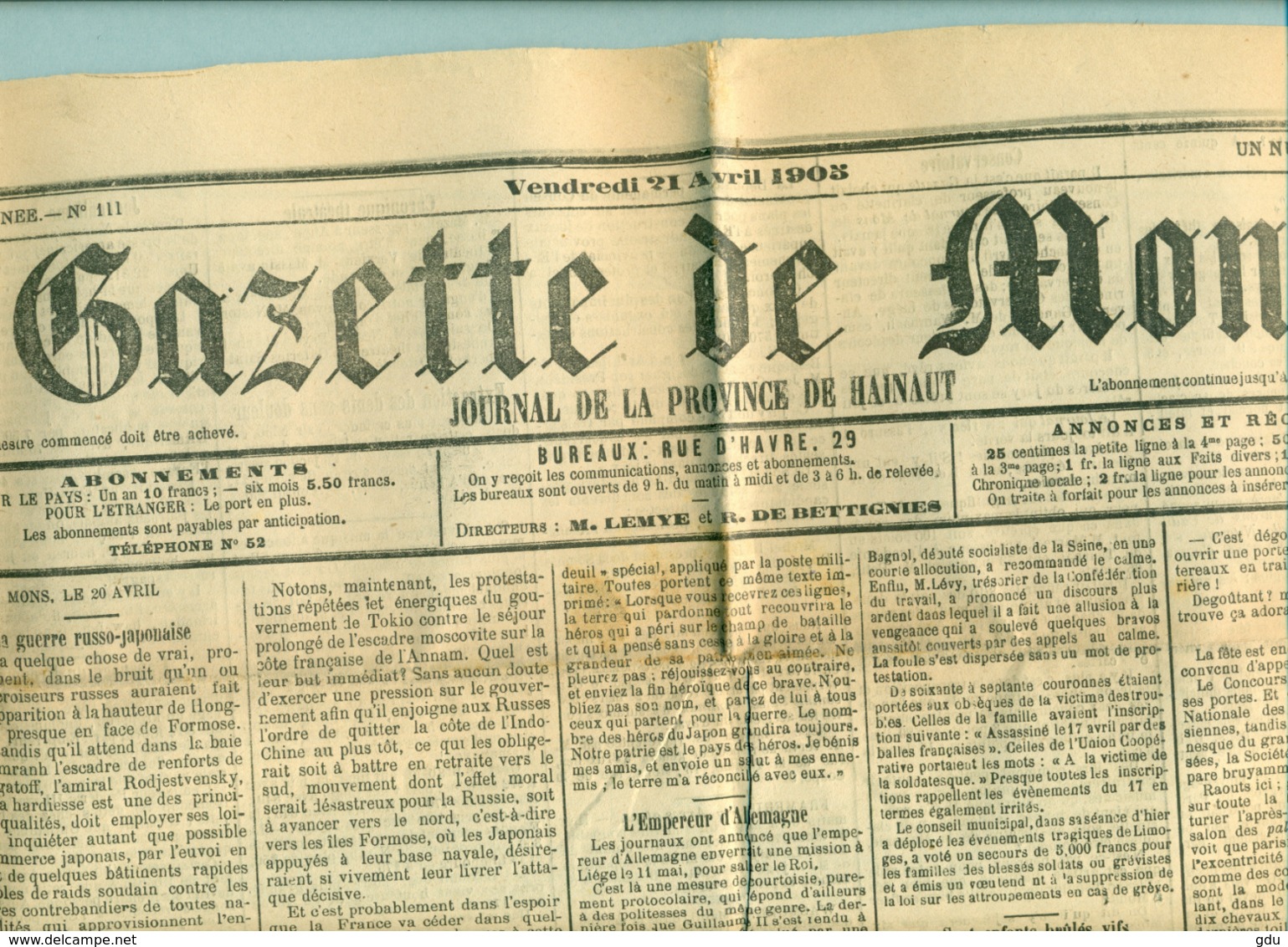 Journal Belgique ' La Gazette De Mons 21.04.1905  ' Authentique - Altri & Non Classificati