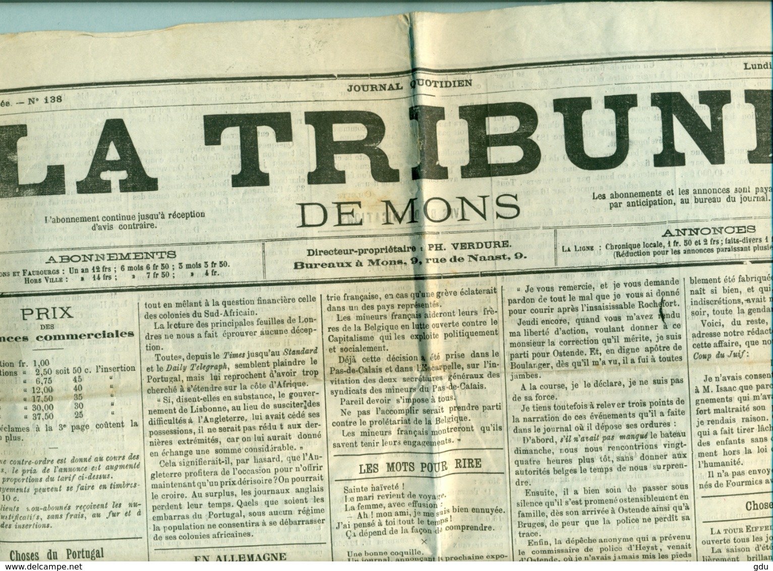 Journal Belgique ' La Tribune De Mons  22.06.1891  ' Authentique - Otros & Sin Clasificación