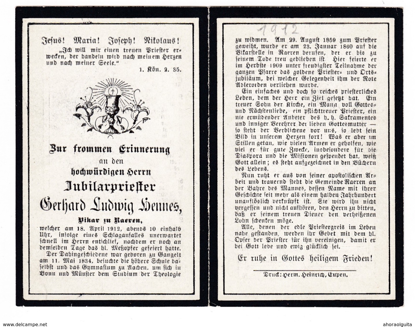 29/922 -- RAEREN Cantons De L'Est - Souvenir Mortuaire 1912 - Gerhard Hennes , Vikar In RAEREN - Raeren