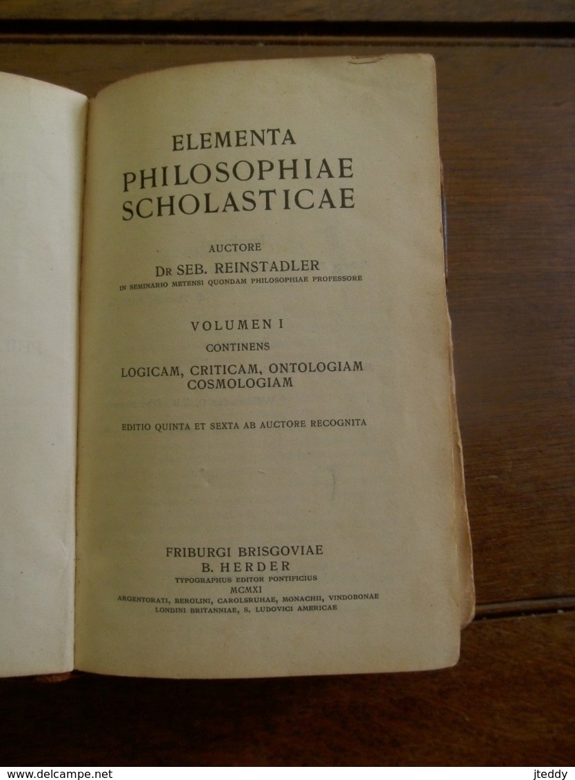 Oud Boek 1911 ELEMENTA PHILOSOPHIAE  SCHOLASTICAE  Vooraan SEM.-- Phil . St BONAVENTURE -  ALOSTI - Livres Anciens