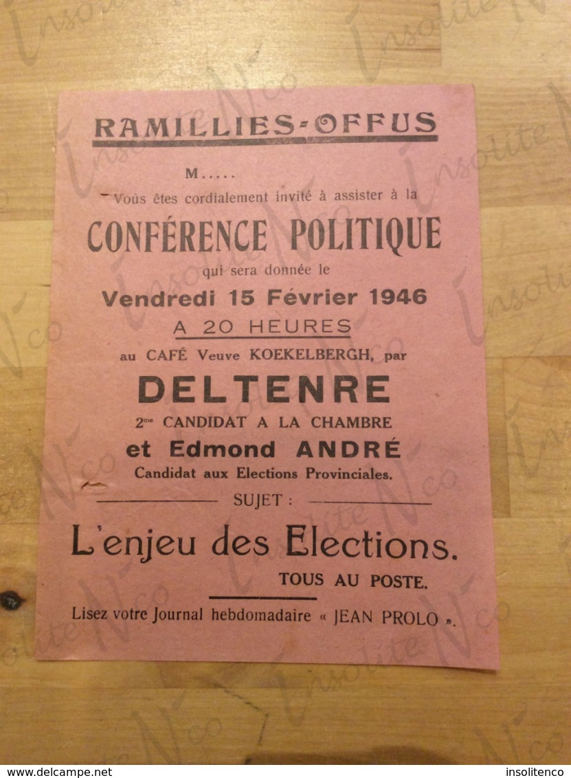 Invitation Conférence Politique Février 1946 Au Café Veuve Koekelbergh Par Deltenre Et Edmond André Enjeu Des élections - Historische Dokumente