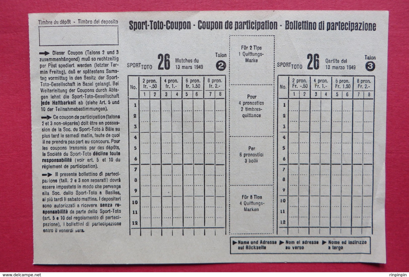 Coupon De Participation SPORT-TOTO, TOBLER CACAO CHOCOLAT, 1949 - Pubblicitari