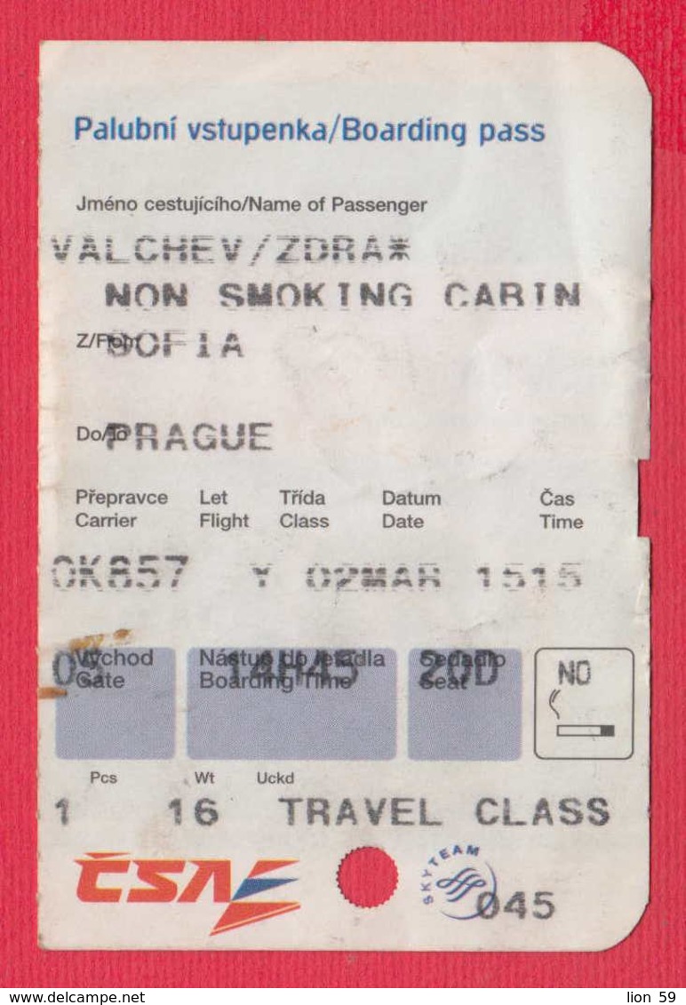 248004 / Boarding Pass - NON SMOKING CABIN - SOFIA - PRAGUE , TRAVEL CLASS , CSA Czech Airlines - Carte D'imbarco