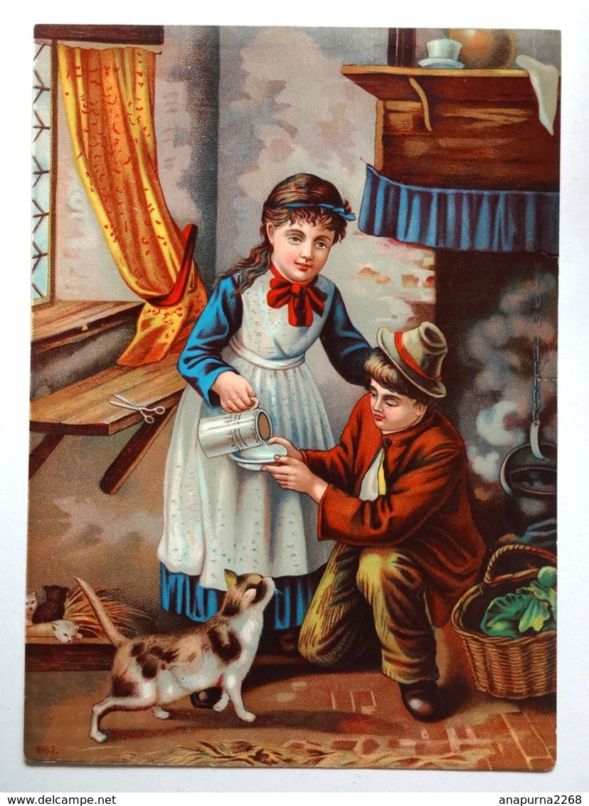 CHROMO LITHOGRAPHIE..TRÈS GRAND FORMAT......H 31 Cm ....  ENFANTS DONNANT UNE ÉCUELLE DE LAIT A UN PETIT CHAT - Autres & Non Classés