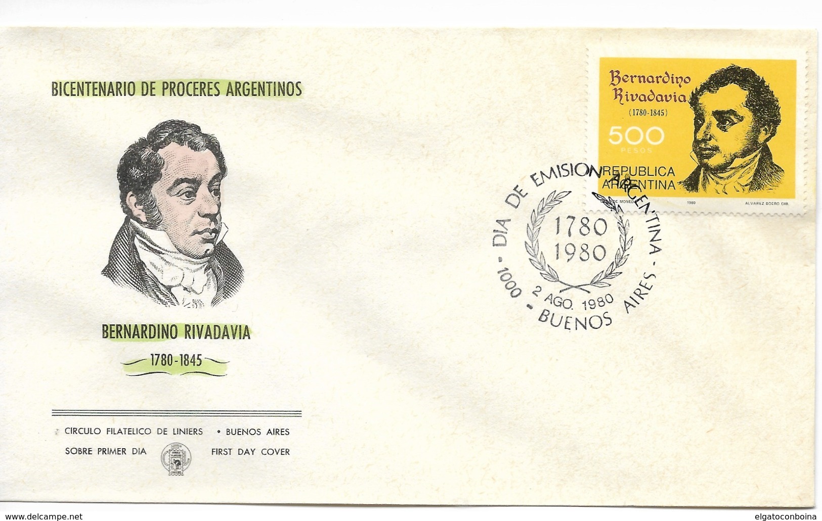 ARGENTINA 1980 BERNARDINO RIVADAVIA POLITICIAN FIRST DAY COVER - Sonstige & Ohne Zuordnung