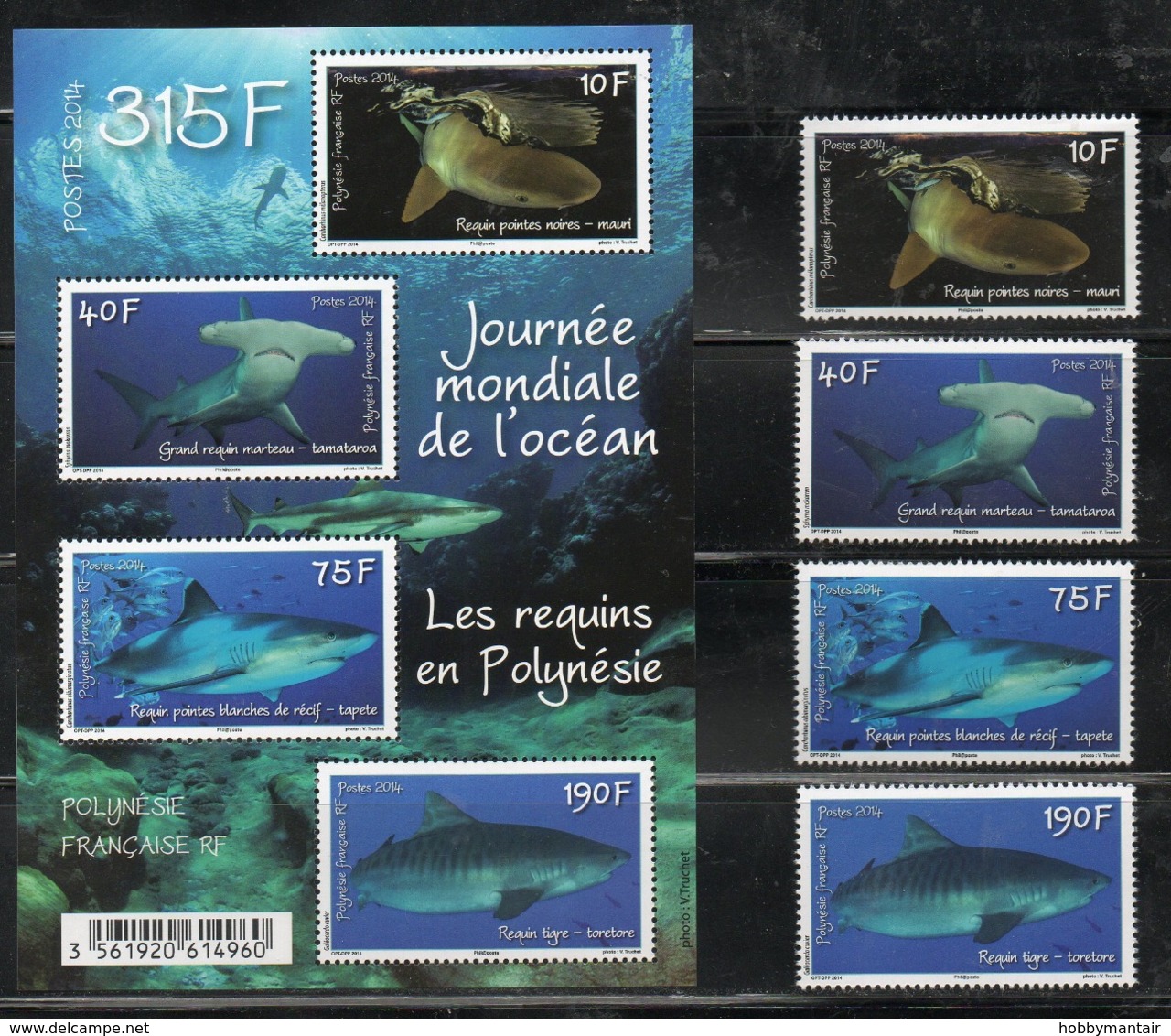 FR.POLYNESIA., 20114, FISHES -SHARKS 4v.+S/S,  MNH** - Fishes