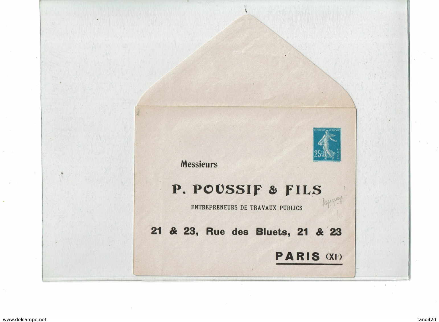 PTX 8/19- ENVELOPPE SEMEUSE CAMEE 25c  REPIQUAGE POUSSIF & FILS NEUVE TB - Overprinted Covers (before 1995)