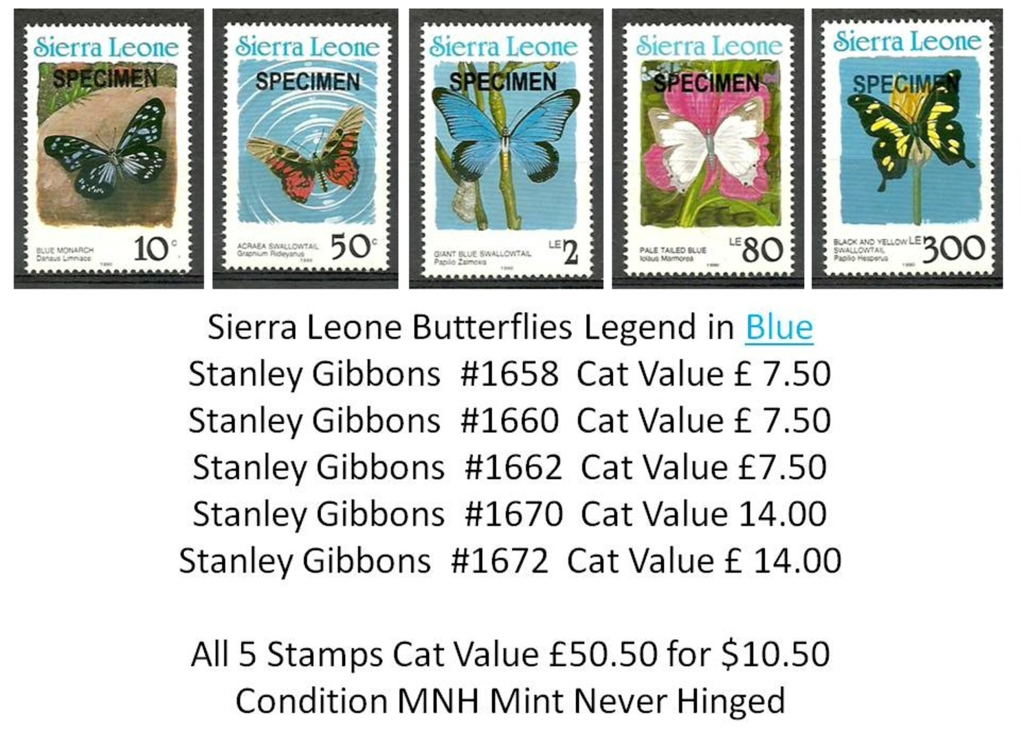 Sierra Leone MNH - Cat £50.50 For $10.50 - Insects Butterflies Papillons Schmetterlinge Farfalle Mariposas Vlinders - Butterflies