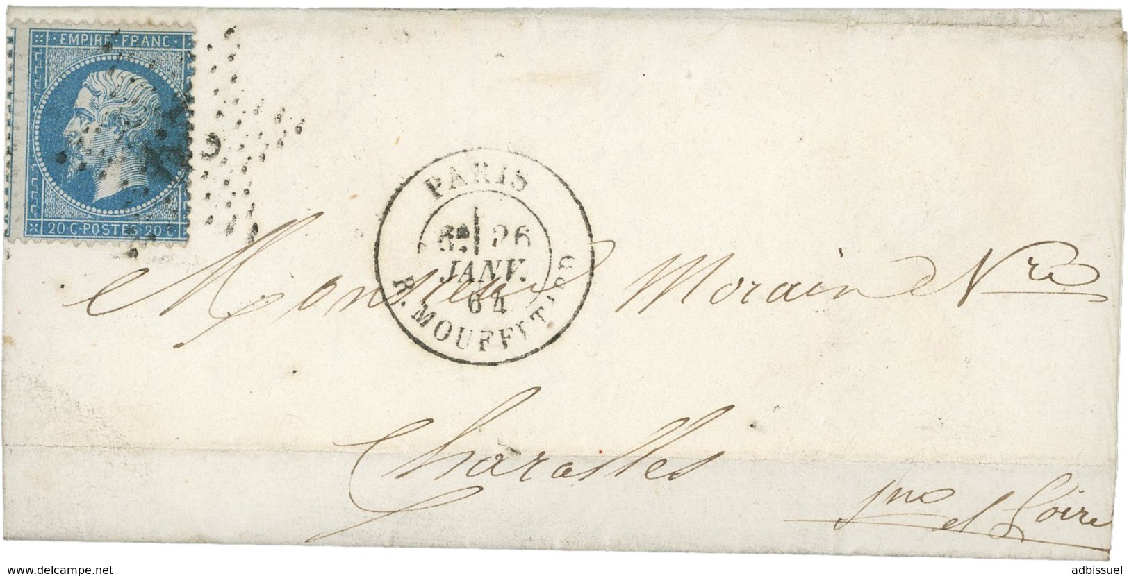 1864 N° 22, 20 Ct Bleu Sur Lettre Obl. étoile '29' + C.à.d 'PARIS R. MOUFFETARD 26/1/64' (Indice 21 = 600 €). - 1849-1876: Période Classique