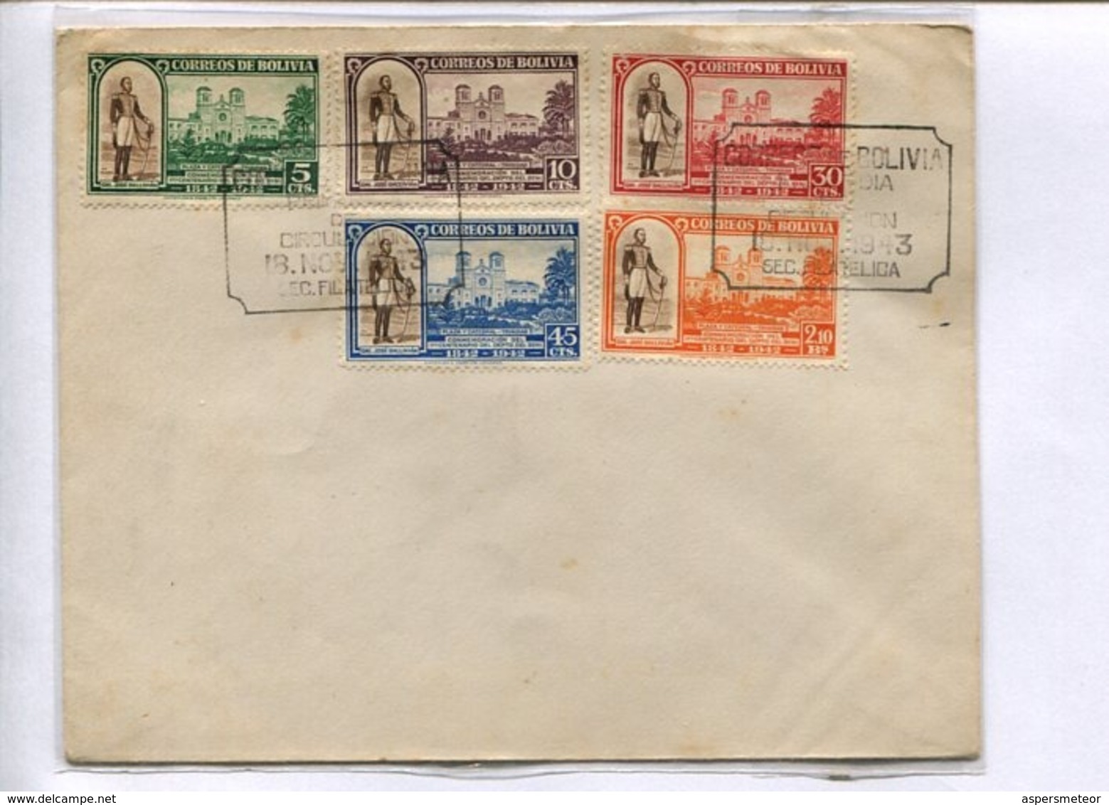 GENERAL JOSE BALLIVIAN PLAZA Y CATEDRAL DE TRINIDAD. ENVELOPE BOLIVIA 1943  FDC DIA DE EMISION. PLUSIEURS TIMBRES -LILHU - Bolivia