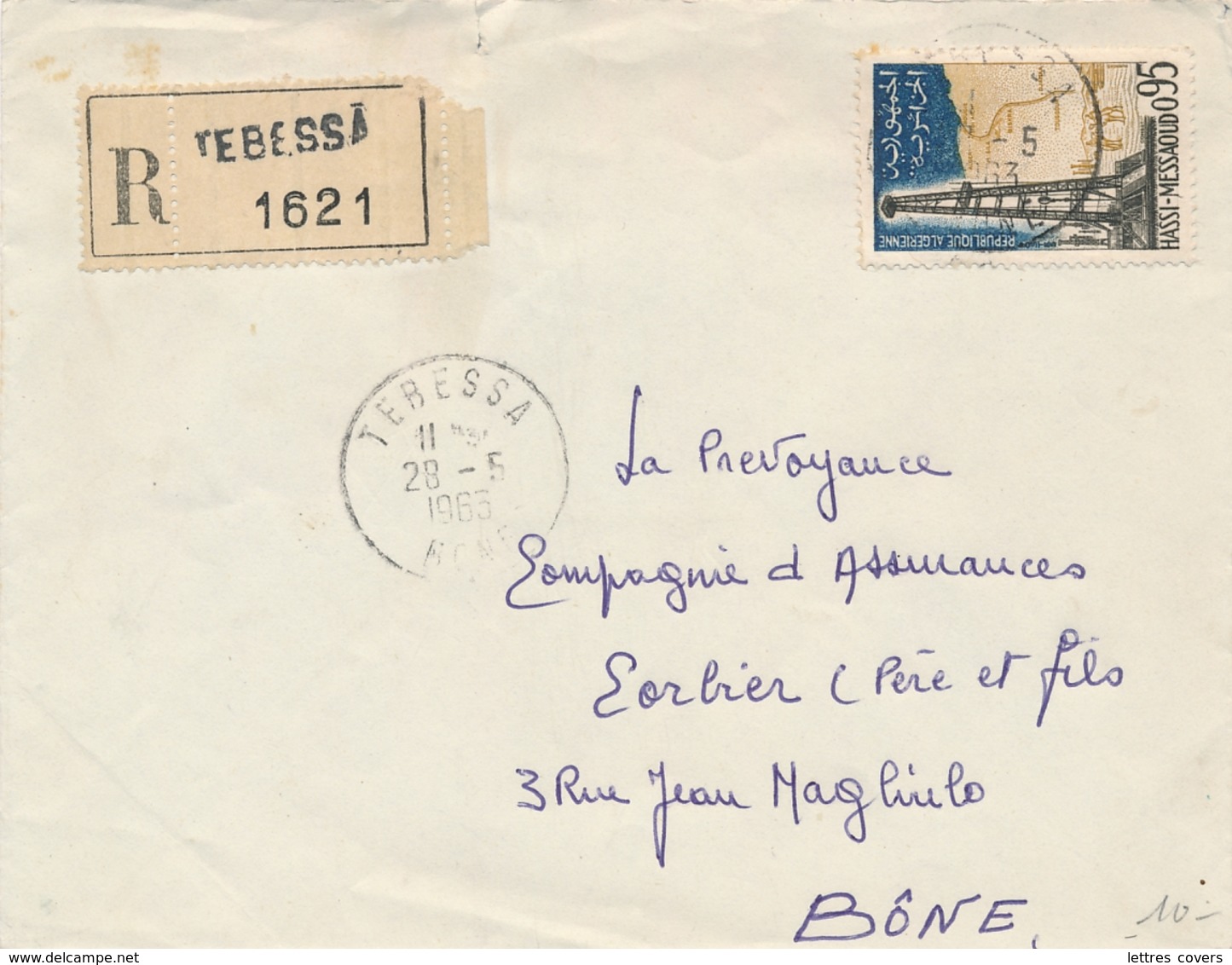 ALGERIE CàD " TEBESSA BONE 28/5/63 " Sur Lettre RECOMMANDÉE Qffrt Hassi Messaoud - Algeria (1962-...)