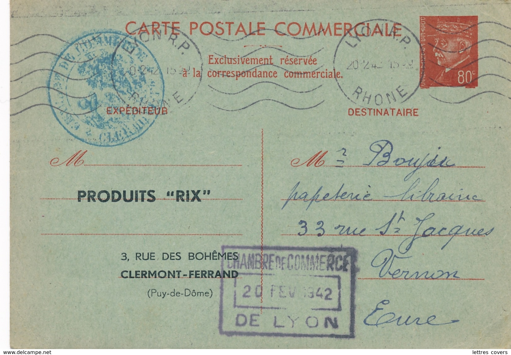 Entier CP COMMERCIALE PETAIN 80c - Repiquage " PRODUITS "RIX" Clermont Ferrand Puy De Dôme - Cartes Postales Repiquages (avant 1995)