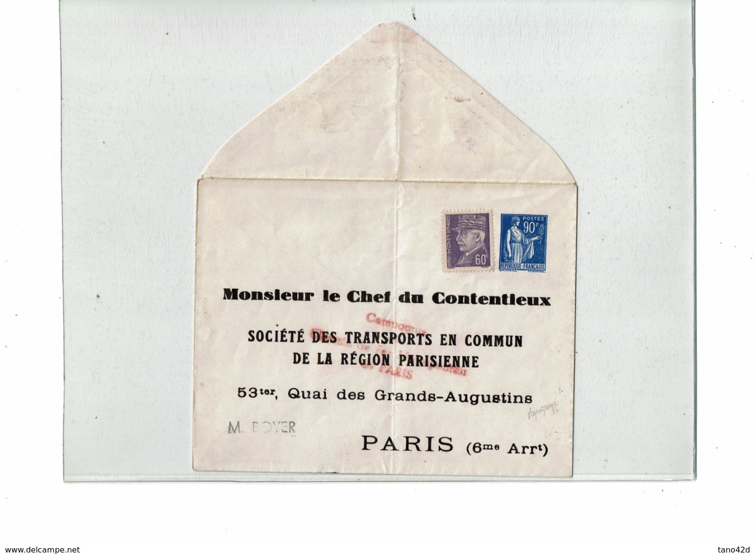 PTX 8/19- ENVELOPPE PAIX 90c  REPIQUAGE M.CHEF DU CONTENTIEUX S.T.C.R.P.  NEUVE AVEC COMPL.T TB (PLI NORMAL) - Enveloppes Repiquages (avant 1995)