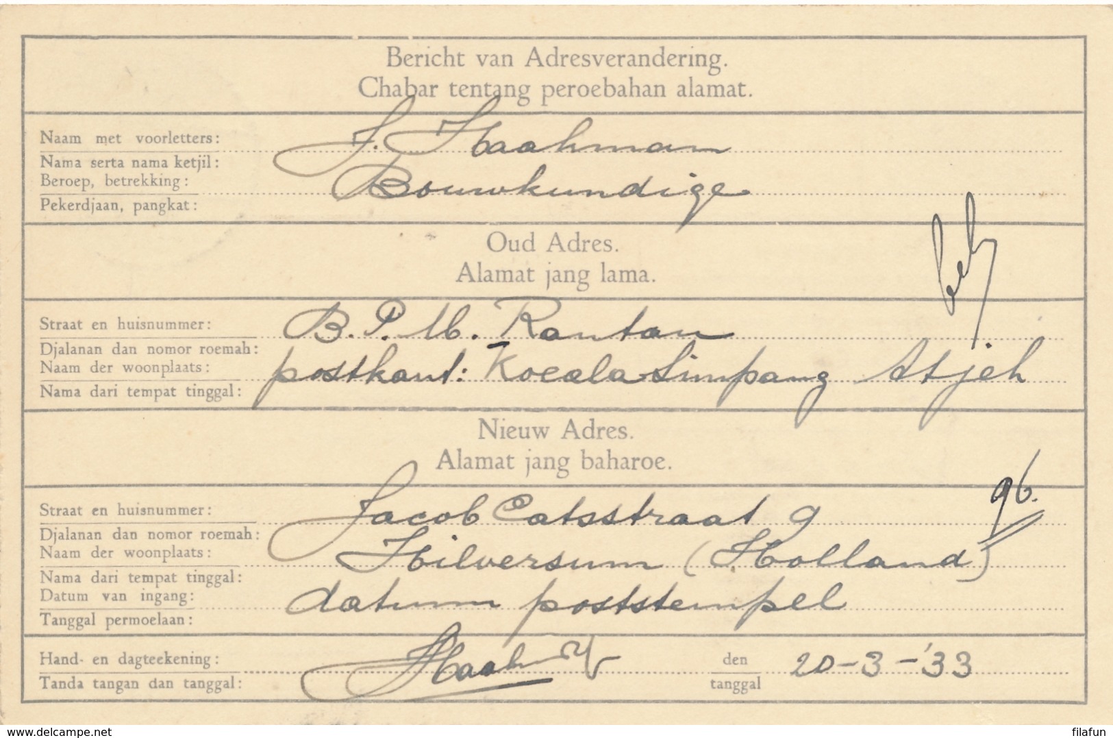 Nederlands Indië - 1933 - 2 Cent Cijfer, Verhuiskaart G8 Luxe Van LB KOEALASIMPANG Naar Rotterdam / Nederland - Niederländisch-Indien