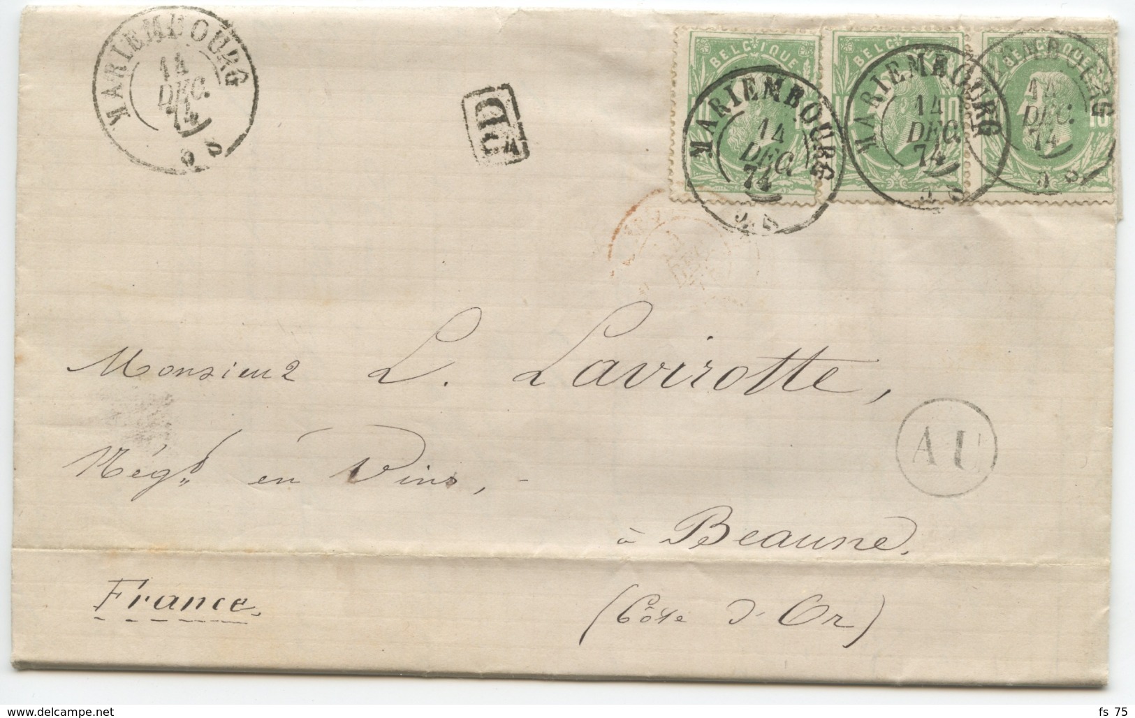 BELGIQUE (N°30 YVERT) X3 CAD MARIEMBOURG 1874 + BOITE AU SUR LETTRE AVEC TEXTE DE FRASNES POUR LA FRANCE - Rural Post