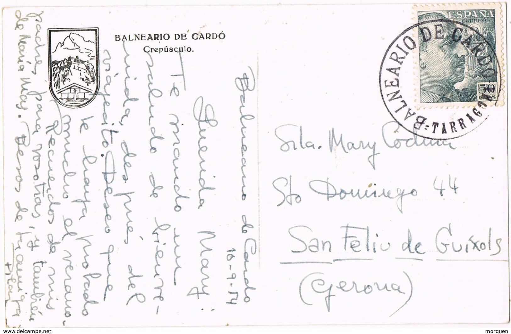 33840. Postal BALNEARIO Del CARDÓ (Tarragona) 1954. CARTERIA Especial Negro - Cartas & Documentos